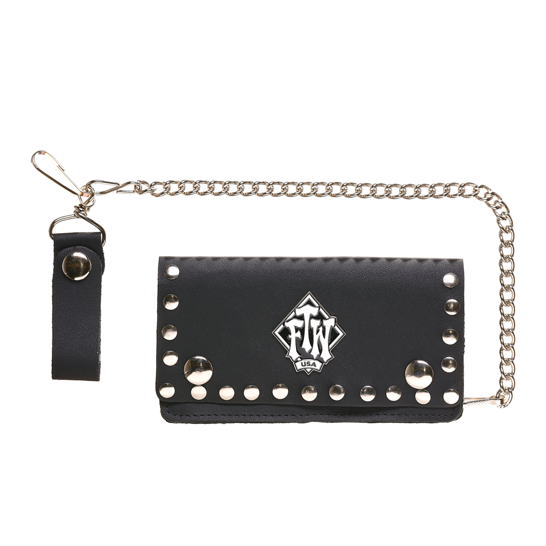 STUDDED 6" FTW USA LEATHER BIKER WALLET WITH CHAIN